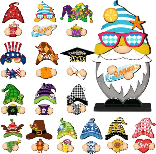 Miniatura 13 de Blulu 32 piezas intercambiables de gnomos de madera para decoración de verano del 4 de julio, gnomos patrióticos de bienvenida, decoración