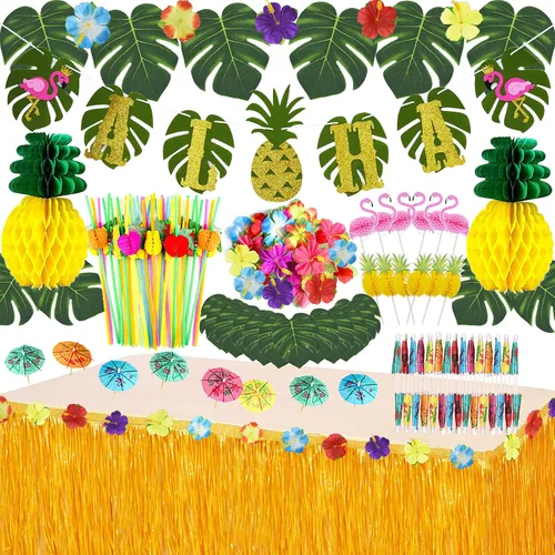 JOPHMO Paquete de decoración de fiesta tropical Luau hawaiana temática de playa, suministros de fiesta Luau (112 piezas) incluyendo pancarta, falda