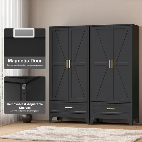 Miniatura 7 de COFaR 71 Armario de metal con barra para colgar, 2 puertas de granero, estantes ajustables, armario de acero con cajón para el hogar, dormitorio