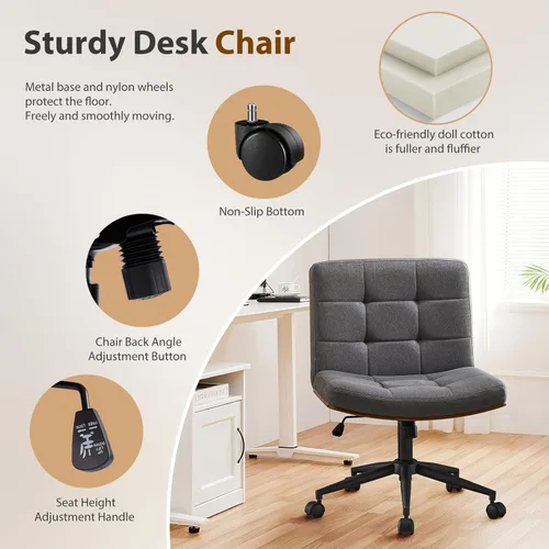 Miniatura 5 de Furnimart FSC Silla de Escritorio Ancha de Madera, Silla de Oficina Giratoria 360° Criss Cross con Ruedas, Cómodo Sentado con Piernas Cruzadas, Gris