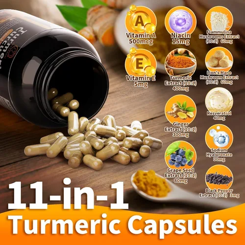 Miniatura 6 de Suplemento de curcumina de cúrcuma – Suplemento de cúrcuma 11 en 1 con pimienta negra, absorción extra fuerte, 95% curcuminoides para apoyo