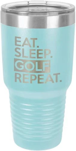 Miniatura 14 de Vaso con tapa superior deslizante y pajita de acero inoxidable para viaje con texto en inglés "EAT SLEEP GOLF REPEAT" de 76 ml en comparación