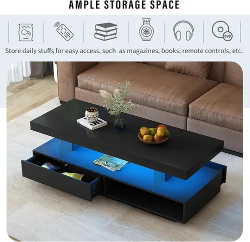 Miniatura 4 de Modern LED Coffee Table, Living Room Table with 16 Colors LED Lights, Double-Layer Center Table with Storage, Accent Furniture for Living Room, Black