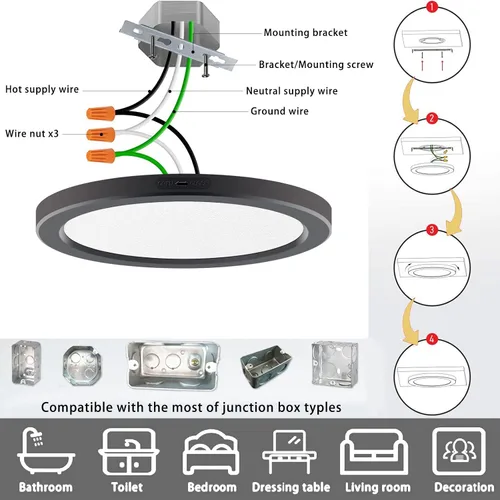Miniatura 5 de Lámpara de techo LED de 7 pulgadas, montaje empotrado, atenuable, luz de techo plana redonda ultra delgada de 5000 K, luz diurna, lámpara de techo