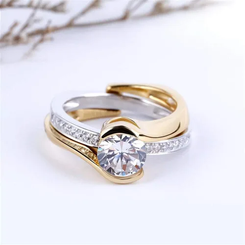 Miniatura 4 de Jeulia Anillo asimétrico de 2,5 quilates para mujer de corte redondo de diamantes de 14 quilates chapado en oro de 14 quilates anillos de compromiso