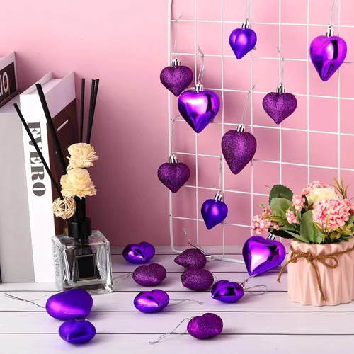 Miniatura 6 de Skylety 30 adornos de corazón para el día de San Valentín, decoraciones en forma de corazón, bolas colgantes para árbol para San Valentín, Morado