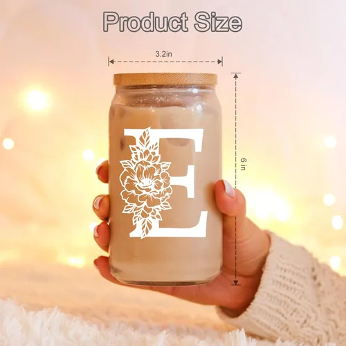 Miniatura 5 de Taza de Vidrio Inicial Coolife, Regalos Personalizados con Monograma para Mujeres, Tazas de Vidrio de 16 oz con Tapas y Popotes, Taza para Café