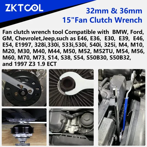 Miniatura 6 de ZKTOOL Juego de llaves para acoplamiento de ventilación, llave de herramienta de ventilador de embrague de 32mm y 36mm, herramienta de remoción