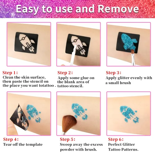 Miniatura 2 de Kit de tatuajes temporales con purpurina para niños, 36 colores de purpurina, 222 plantillas, 3 pegamento, 5 pinceles, kit de purpurina artística