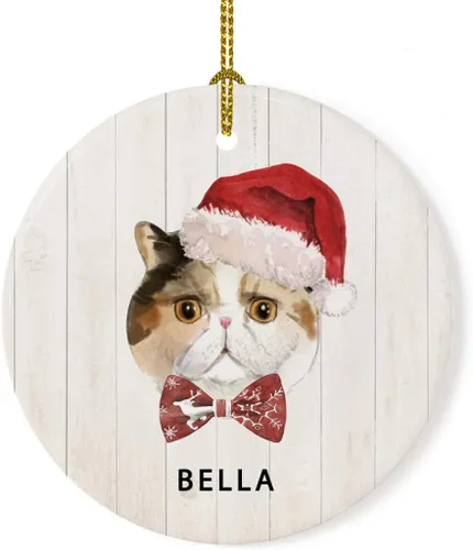 Miniatura 16 de Andaz Press Adorno redondo personalizado de cerámica para árbol de Navidad, abisinio, corona de acebo, sombrero de Papá Noel, con gráfico de gato