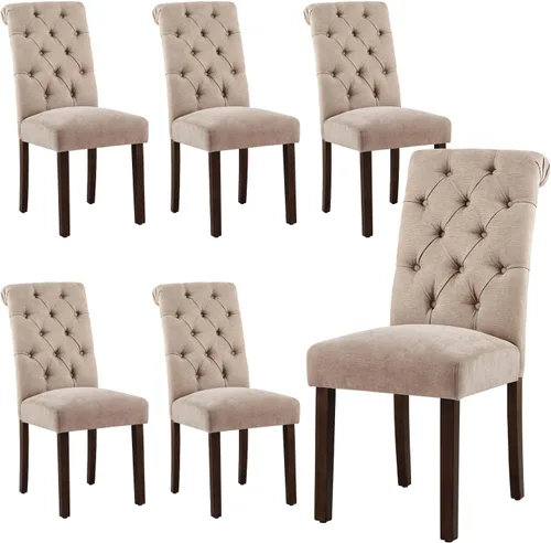 Miniatura 24 de Juego de 2 sillas de comedor capitoné, sillas de comedor Parsons tapizadas, sillas auxiliares de cocina de tela con patas de madera, beige
