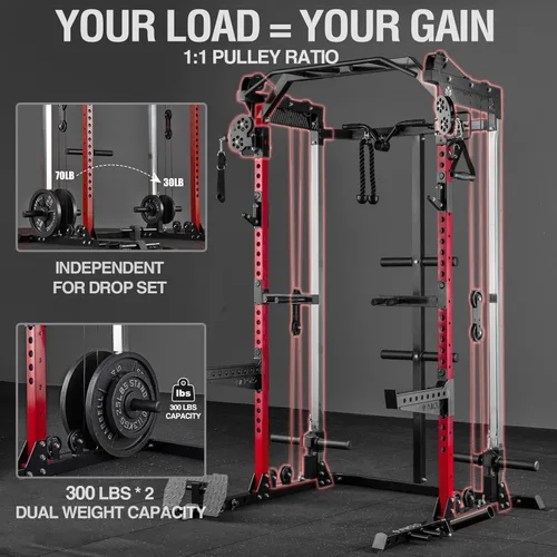 Miniatura 5 de Mikolo - Jaula de fuerza de 2000LB, banco de potencia con sistema de polea doble independiente, máquina de entrenamiento multifunción para gimnasio