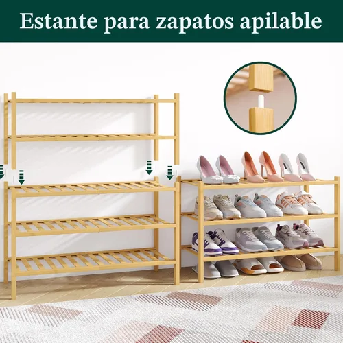 Miniatura 4 de Smiry Zapatero de bambú para armario, organizador de zapatos apilable de 3 niveles, estante de almacenamiento de zapatos independiente para entrada