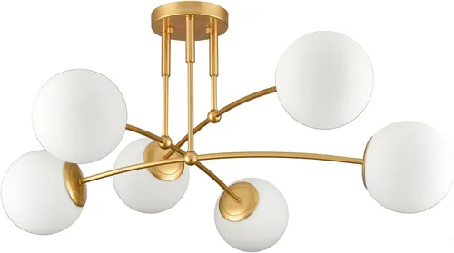 Miniatura 9 de CLAXY - Lámpara de techo dorada de mediados de siglo, semiempotrada, lámpara de globo de ópalo Dimmable 6-Light Sputnik Ceiling Chandelier E26