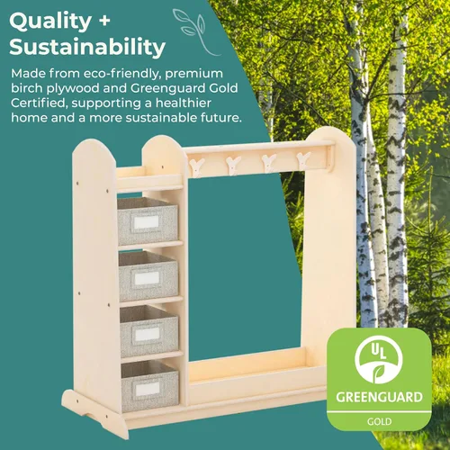 Miniatura 7 de Guidecraft EdQ - Almacenamiento de disfraces con cubos Natural: Perchero para niños con espejo, estante de almacenamiento de zapatos y cubículos