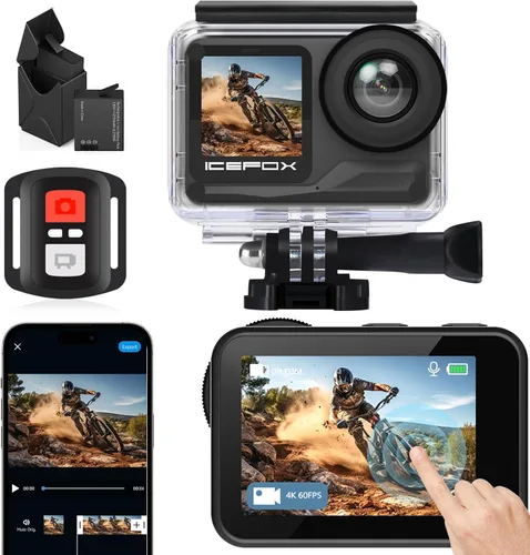 icefox Cámara de acción 4K 60FPS 20MP, bajo el agua con EIS, 5XZoom, soporte de aplicación edición de video y fotos, cámara impermeable WiFi control