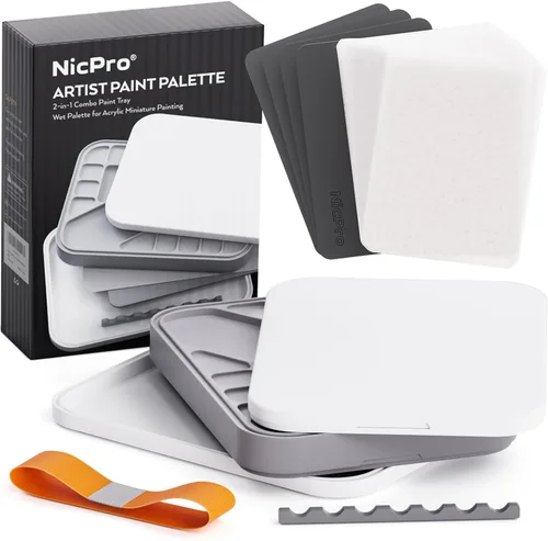Miniatura 8 de Nicpro Paleta Stay Wet para kit de pintura acrílica en miniatura, paletas de bandeja de pintura con 100 piezas de papel de paleta, 4 esponjas
