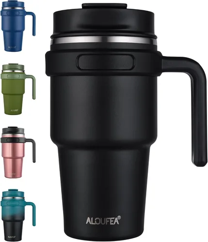 Miniatura 26 de Taza/vaso de café aislado de 20 onzas con asa, vaso de viaje de acero inoxidable con tapa y popote, vaso de doble pared con aislamiento al vacío a