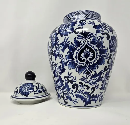 Miniatura 5 de Jarrón de jengibre con templo floral de porcelana azul y blanca de 12.5 pulgadas, estilo chino Qing (azul)