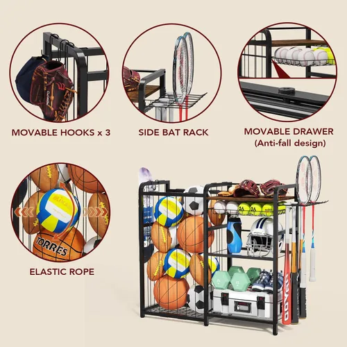 Miniatura 10 de Homsorout Garage Sports Equipment Organizer, Ball Storage for Gear and Toys, Large Capacity, Sports Organizer for Garage with Hooks and Baskets