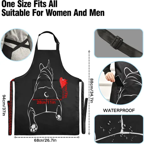 Miniatura 3 de ALAZA Bulldog - Delantal negro para cachorros franceses para hombres y mujeres, chef con bolsillos para cocina, barbacoa, regalos de trabajo, correa