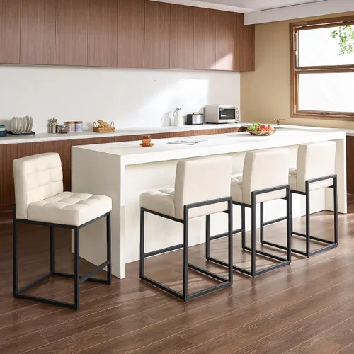 Miniatura 7 de GrandNoor Juego de 2 taburetes de bar modernos de piel sintética beige de 25 pulgadas con patas traseras de metal resistentes, cableado a cuadros