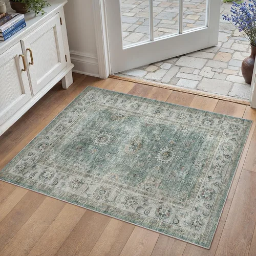 Miniatura 20 de Alfombra de área marrón lavable de 2 x 3 pies, alfombra vintage para entrada y cocina, antideslizante, suave, de pelo bajo desgastado, alfombra