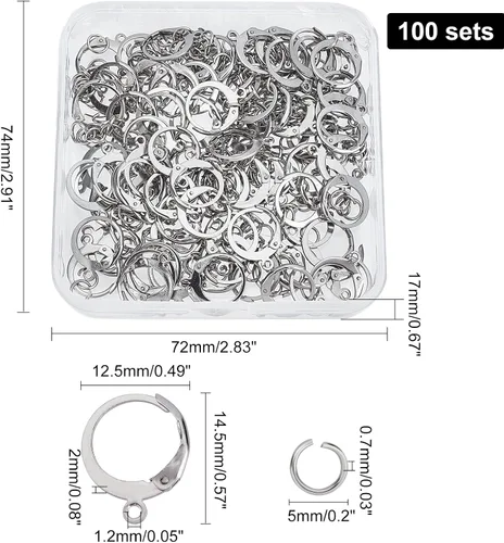 Miniatura 4 de DICOSMETIC 100 ganchos redondos para aretes de acero inoxidable con cierre de palanca para las orejas, con lazo de 0.047 pulgadas y 100 anillos