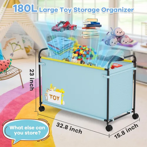 Miniatura 2 de Caja de juguetes extra grande, organizador de almacenamiento de juguetes de 180L con ruedas, cofre de juguetes de metal y tela Oxford con asa, caja