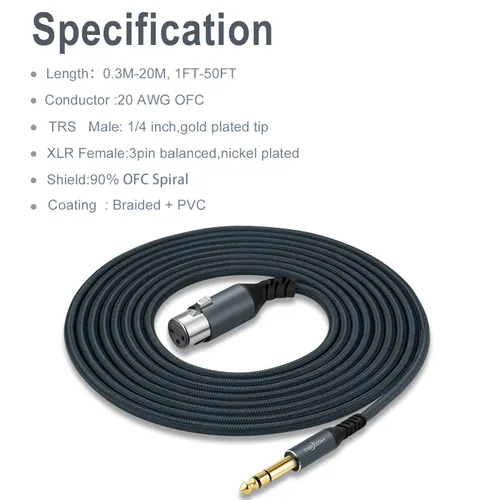 Miniatura 6 de Twozoh Cable corto XLR hembra a 1/4 TRS de 1 pie, trenzado conector estéreo de 0.250 in equilibrado a cable de micrófono XLR de 3 pines