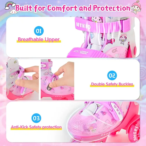 Miniatura 5 de HYKID Patines de Ruedas para Niños Pequeños, 4 Tamaños Ajustables, Iluminación Divertida, Tipo de Seguridad de Tres Puntos, Parte Superior Ángel