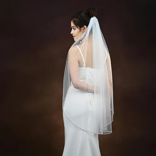 Miniatura 3 de HONGMEI Velo de novia para novias hecho a mano con borde de cuentas de cristal 1 nivel velo de novia con peine