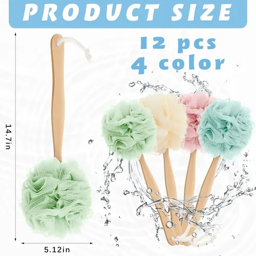 Miniatura 2 de Tessco for you 12 esponjas grandes en un palo de esponja de ducha con mango largo para ducha, esponja de baño corporal de polietileno, cepillo