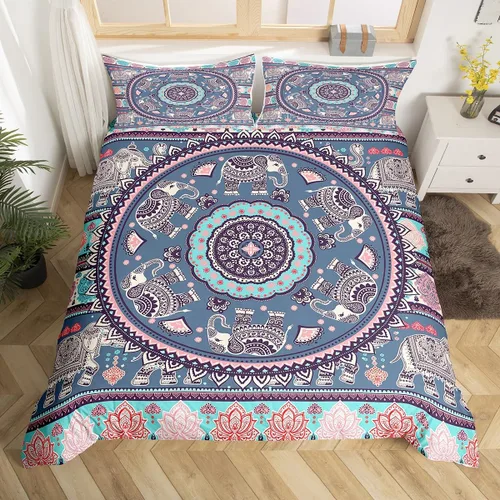 Juego de funda de edredón de elefante bohemio para niños, tamaño individual, juego de ropa de cama de mandala bohemio de 2 piezas para decoración de