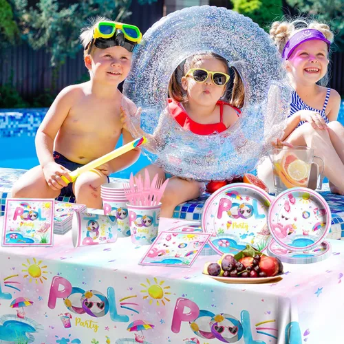 Miniatura 4 de Suministros para fiesta de piscina, 141 piezas de vajilla de cumpleaños de piscina rosa, platos para fiesta de piscina, vasos, servilletas
