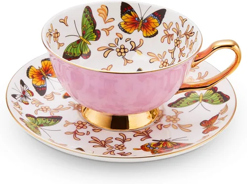 Miniatura 9 de LURRIER Taza de café con platillo para café con leche, té capuchino con mariposas de 6.8 onzas, porcelana fina de hueso, apta para lavavajillas