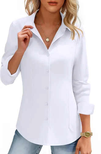 HOTOUCH Camisas de mujer con botones de manga larga, camisa de vestir ajustada, blusas de trabajo, cuello, elegantes, casuales, de negocios