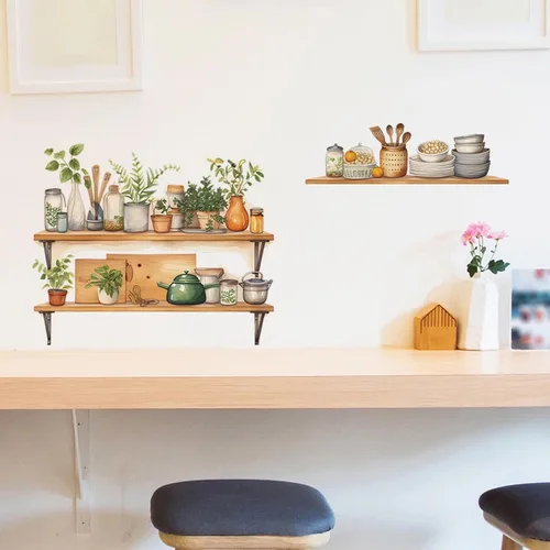 Miniatura 4 de Calcomanías de pared para estante de utensilios de cocina, diseño de plantas verdes en maceta, vinilo extraíble para cocina, comedor, restaurante