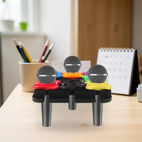 Miniatura 9 de jojofuny Soporte de micrófono múltiple para 7 micrófonos, soporte de escritorio para 7 micrófonos inalámbricos o con cable, soporte de micrófono