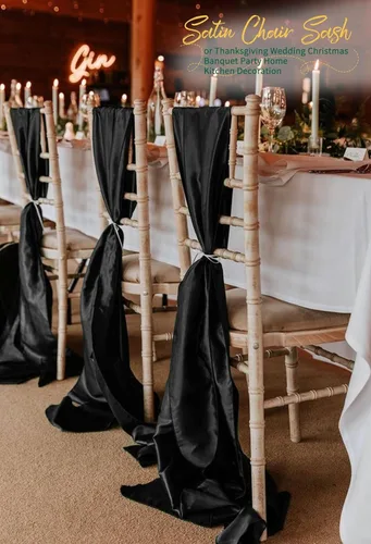 Miniatura 4 de 60 bandas para sillas de satén negro, diseño de lazos con lazos, para decoración de sillas para Acción de Gracias, boda, Navidad, banquetes