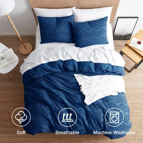 Miniatura 7 de Juego de funda de edredón de 3 piezas con cierre de cremallera, 104 x 90 pulgadas y 2 fundas de almohada Azul marino - Diseño Chevron