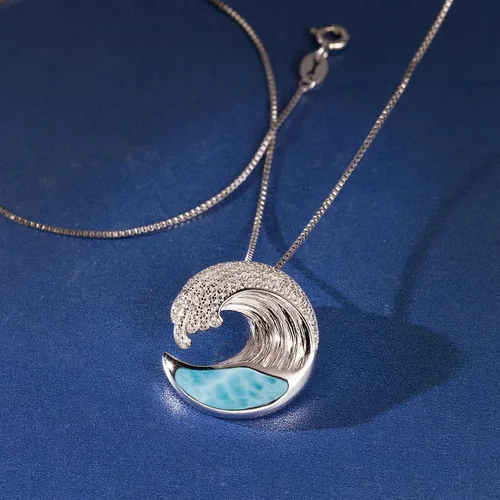 Miniatura 2 de Colgante de plata de ley 925 con topacio y ondas oceánicas, concha de abulón de ópalo larimar, hipoalergénico sin níquel, joyería de isla hawaiana