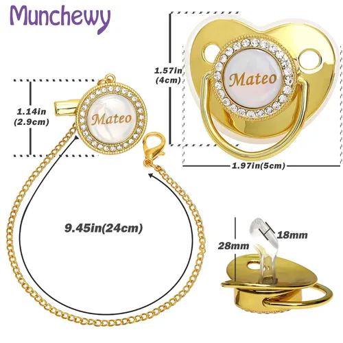 Miniatura 3 de Chupete personalizado con nombre, juego de clip para chupete dorado brillante con caja de regalo, tarjeta de felicitación, lujoso chupete de cristal