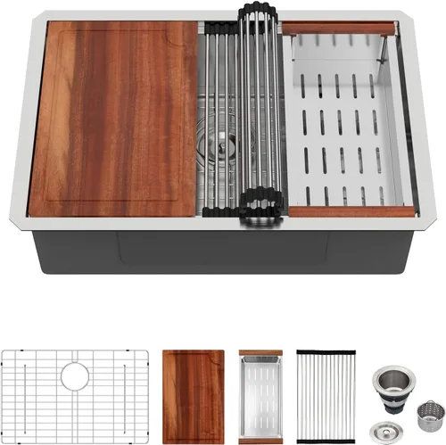Miniatura 30 de Logmey Fregadero de cocina de montaje inferior de 33 pulgadas 33x19 Fregaderos de acero inoxidable SUS304 calibre 16 hechos a mano de un solo