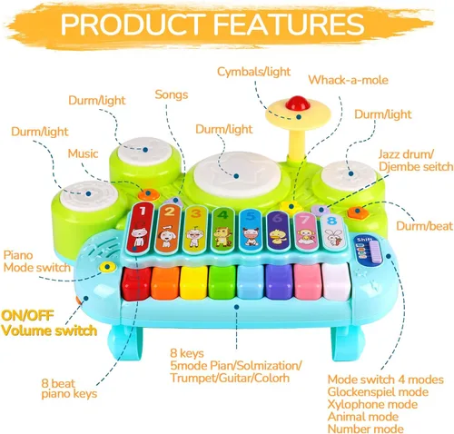Miniatura 2 de Juguetes Musicales para Bebés 3 en 1 Piano Teclado Xilófono Juego de Tambores para Niñas y Niños de 1 Año Juguetes Edad 2 Años Instrumento Musical