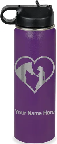 Miniatura 42 de LaserGram Botella de agua personalizada, corazón de vaquera de caballo, acero inoxidable de doble pared aislada al vacío con popote superior, regalo
