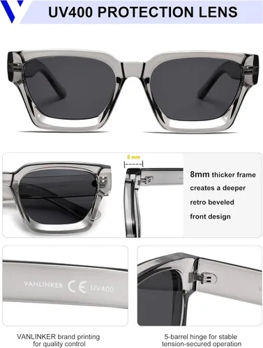 Miniatura 10 de VANLINKER Gafas de sol cuadradas gruesas para hombres y mujeres, retro, rectangulares, con protección UV400, VL9731