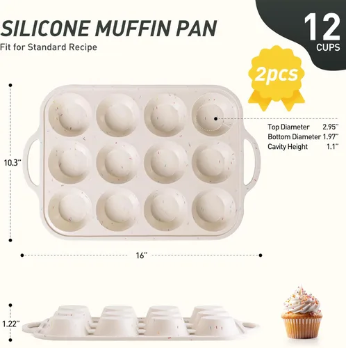 Miniatura 2 de 2 paquetes de 12 tazas de molde para magdalenas de silicona para hornear con marco reforzado de metal, molde para cupcakes de tamaño regular, Crema