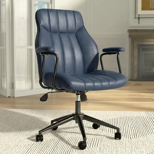 Silla de escritorio de oficina de cuero azul con ruedas y brazos, altura ajustable, vintage, estilo moderno de mediados de siglo Negro