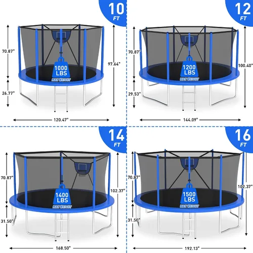 Miniatura 2 de Trampolín para exteriores de 1500 libras con luz+rociador+calcetines, trampolín resistente de 16 pies, 14 pies, 12 pies, con aro de baloncesto, Azul